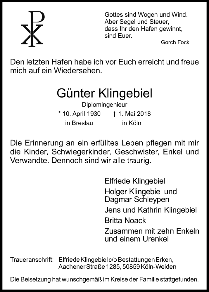  Traueranzeige für Günter Klingebiel vom 12.05.2018 aus Kölner Stadt-Anzeiger / Kölnische Rundschau / Express