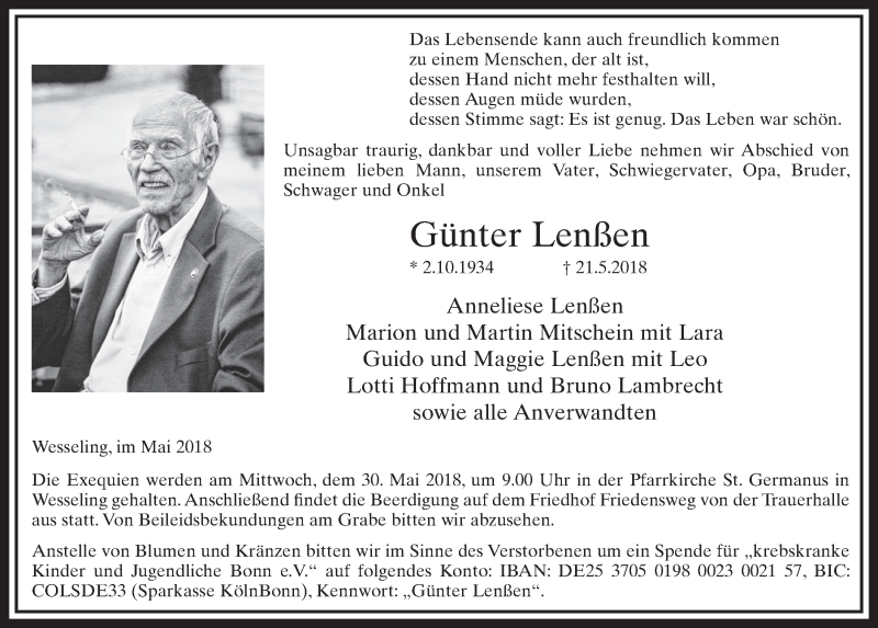  Traueranzeige für Günter Lenßen vom 30.05.2018 aus  Schlossbote/Werbekurier 