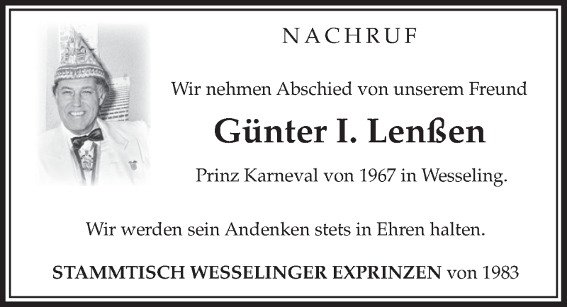  Traueranzeige für Günter Lenßen vom 30.05.2018 aus  Schlossbote/Werbekurier 