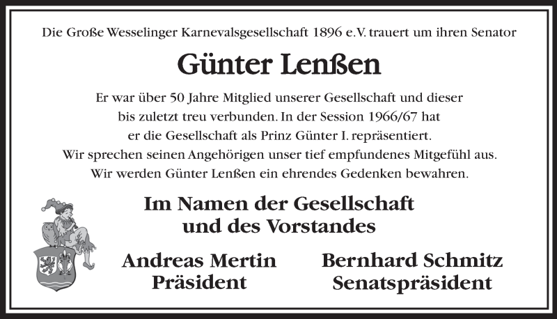  Traueranzeige für Günter Lenßen vom 30.05.2018 aus  Schlossbote/Werbekurier 