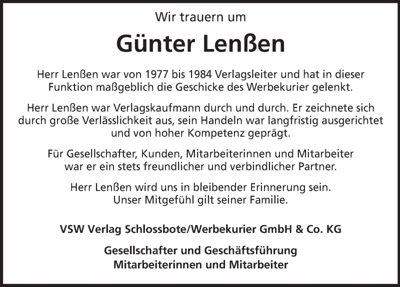  Traueranzeige für Günter Lenßen vom 30.05.2018 aus  Schlossbote/Werbekurier 
