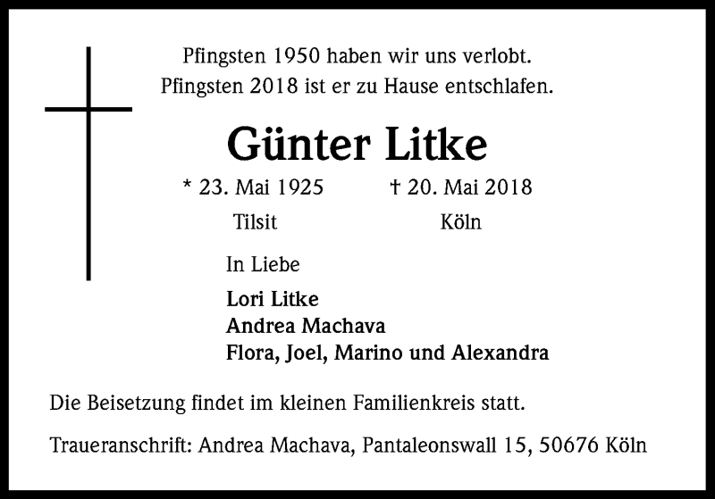 Traueranzeige für Günter Litke vom 26.05.2018 aus Kölner Stadt-Anzeiger / Kölnische Rundschau / Express
