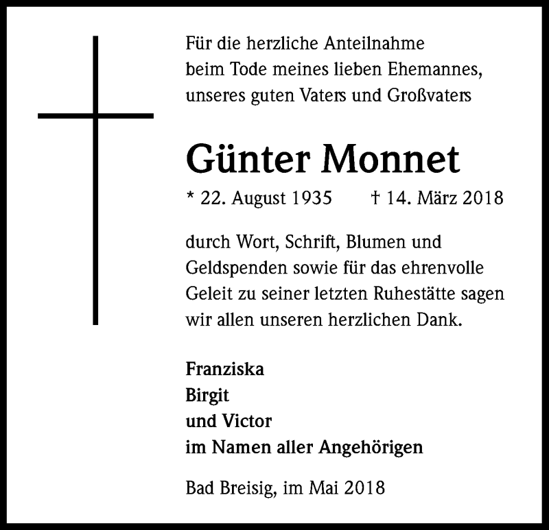  Traueranzeige für Günter Monnet vom 19.05.2018 aus Kölner Stadt-Anzeiger / Kölnische Rundschau / Express