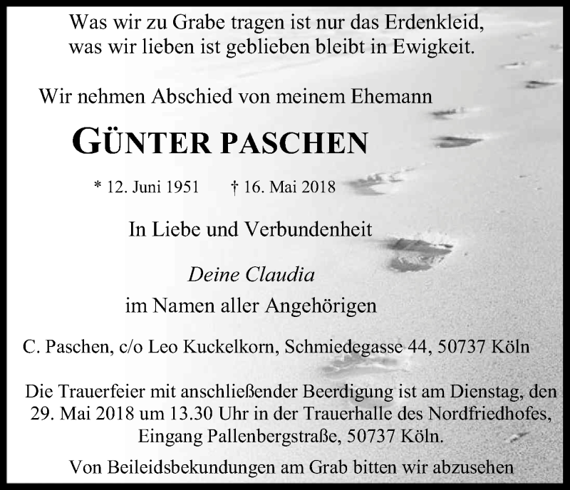  Traueranzeige für Günter Paschen vom 26.05.2018 aus Kölner Stadt-Anzeiger / Kölnische Rundschau / Express