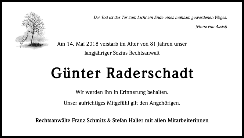  Traueranzeige für Günter Raderschadt vom 26.05.2018 aus Kölner Stadt-Anzeiger / Kölnische Rundschau / Express