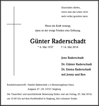 Anzeige von Günter Raderschadt von Kölner Stadt-Anzeiger / Kölnische Rundschau / Express