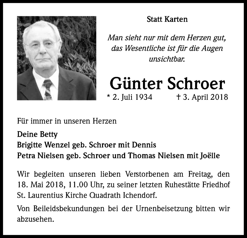  Traueranzeige für Günter Schroer vom 12.05.2018 aus Kölner Stadt-Anzeiger / Kölnische Rundschau / Express