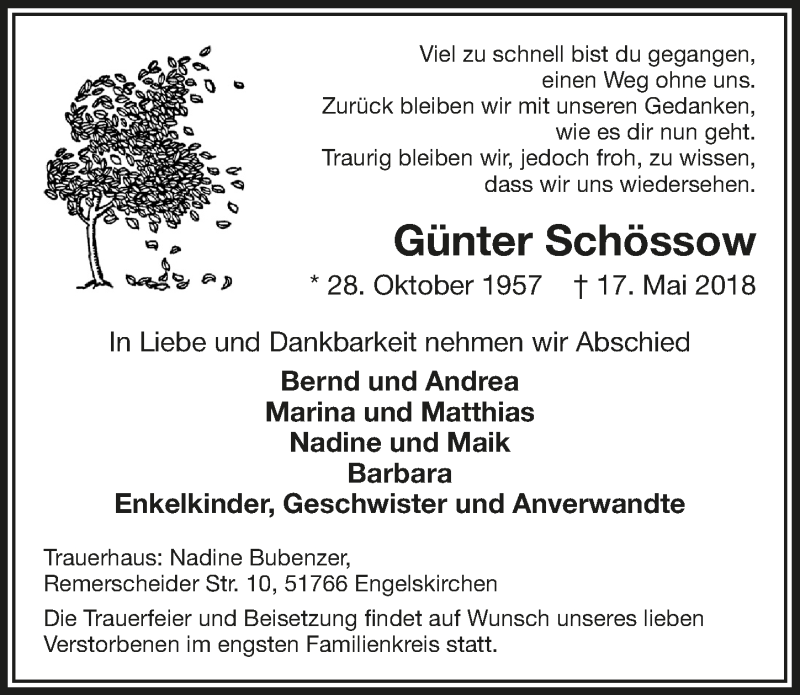  Traueranzeige für Günter Schössow vom 30.05.2018 aus  Anzeigen Echo 