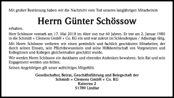 Anzeige von Günter Schössow von Kölner Stadt-Anzeiger / Kölnische Rundschau / Express