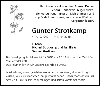 Anzeige von Günter Strotkamp von Kölner Stadt-Anzeiger / Kölnische Rundschau / Express