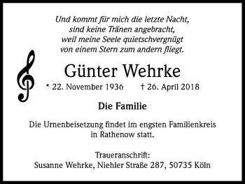 Anzeige von Günter Wehrke von Kölner Stadt-Anzeiger / Kölnische Rundschau / Express