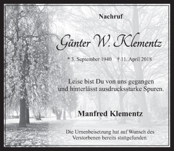 Anzeige von Günter W. Klementz von  Wochenende  Schlossbote/Werbekurier 