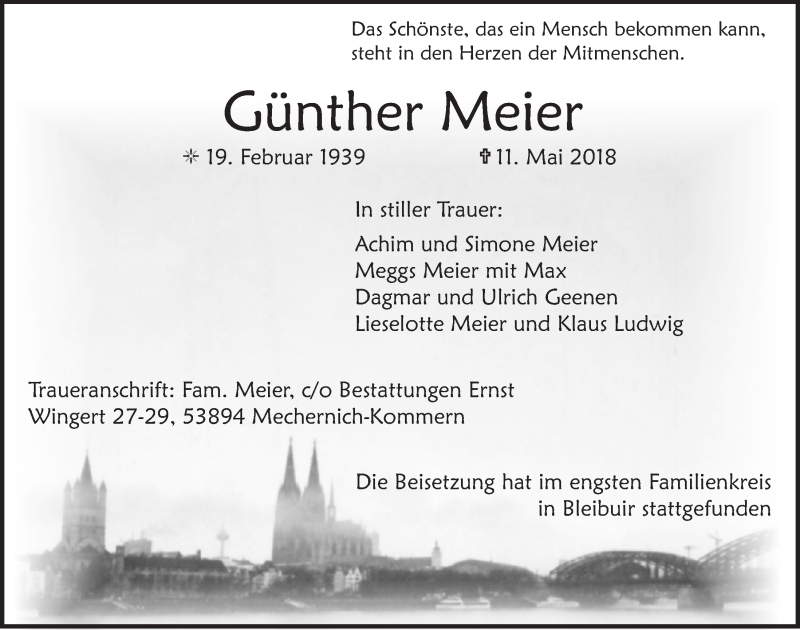  Traueranzeige für Günther Meier vom 26.05.2018 aus  Blickpunkt Euskirchen 