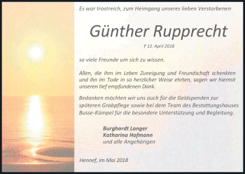 Anzeige von Günther Rupprecht von Kölner Stadt-Anzeiger / Kölnische Rundschau / Express