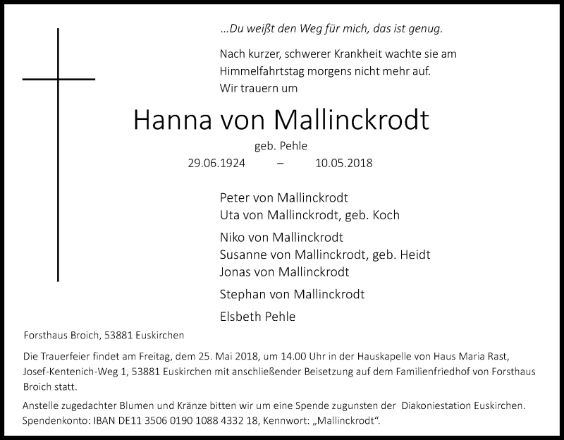 Traueranzeige für Hanna von Mallinckrodt vom 19.05.2018 aus Kölner Stadt-Anzeiger / Kölnische Rundschau / Express