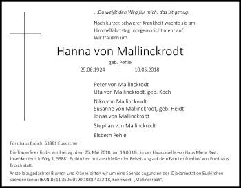 Anzeige von Hanna von Mallinckrodt von Kölner Stadt-Anzeiger / Kölnische Rundschau / Express