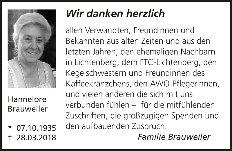  Traueranzeige für Hannelore Brauweiler vom 09.05.2018 aus  Lokalanzeiger 