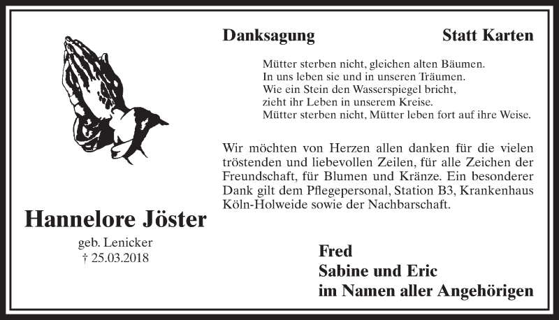  Traueranzeige für Hannelore Jöster vom 16.05.2018 aus  Schlossbote/Werbekurier 