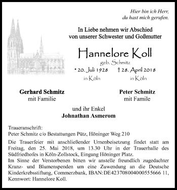 Anzeige von Hannelore Koll von Kölner Stadt-Anzeiger / Kölnische Rundschau / Express