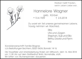 Anzeige von Hannelore Wagner von  Schlossbote/Werbekurier 