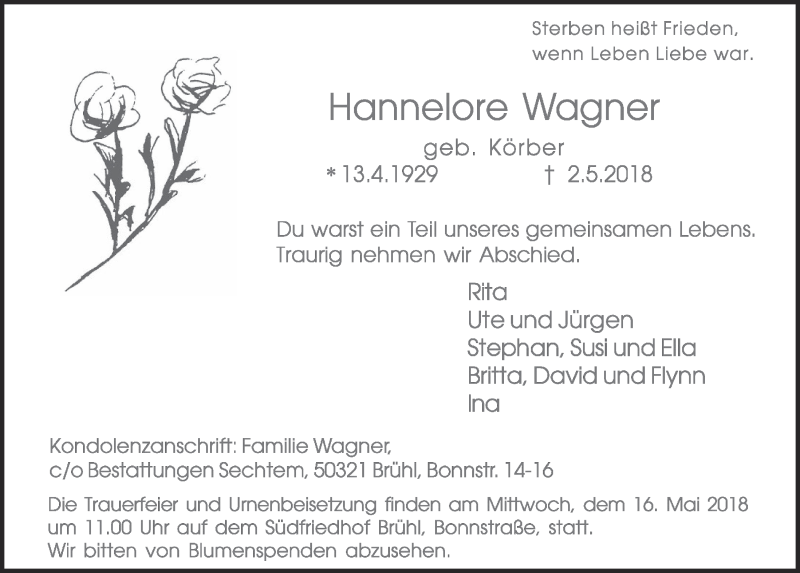  Traueranzeige für Hannelore Wagner vom 09.05.2018 aus  Schlossbote/Werbekurier 