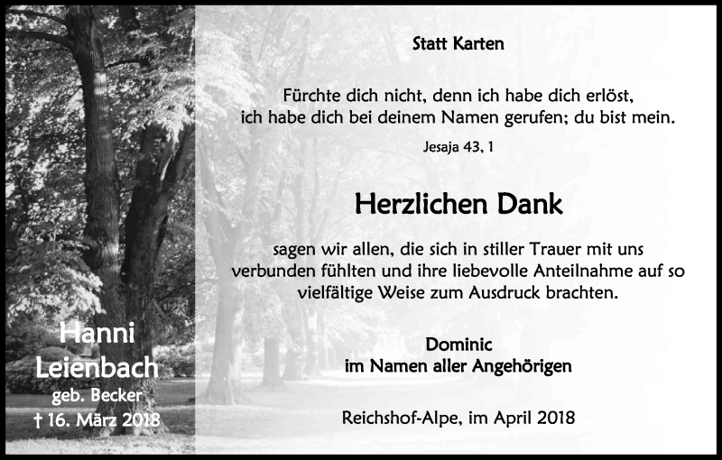  Traueranzeige für Hanni Leienbach vom 05.05.2018 aus Kölner Stadt-Anzeiger / Kölnische Rundschau / Express