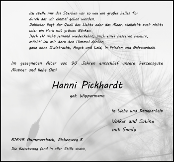Anzeige von Hanni Pickhardt von  Anzeigen Echo 