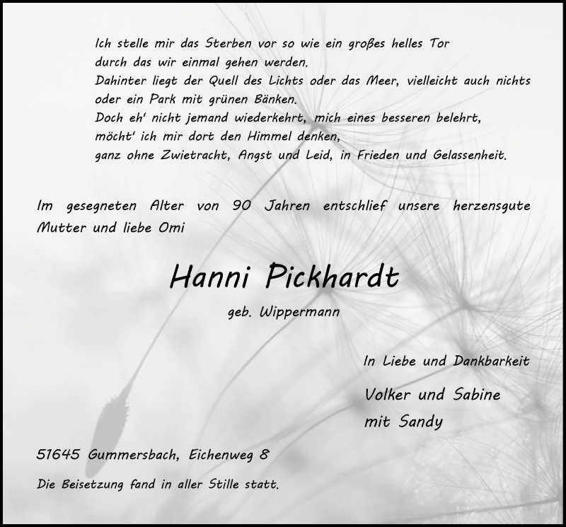  Traueranzeige für Hanni Pickhardt vom 23.05.2018 aus  Anzeigen Echo 