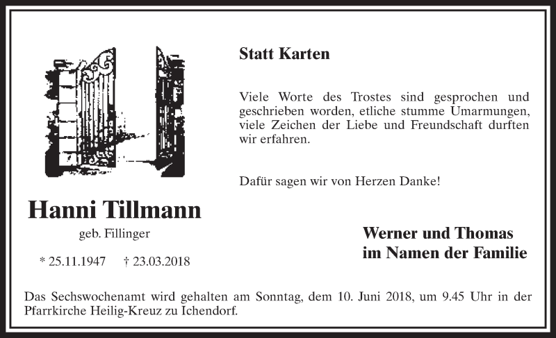  Traueranzeige für Hanni Tillmann vom 26.05.2018 aus  Sonntags-Post 