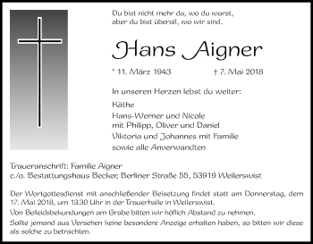 Anzeige von Hans Aigner von Kölner Stadt-Anzeiger / Kölnische Rundschau / Express