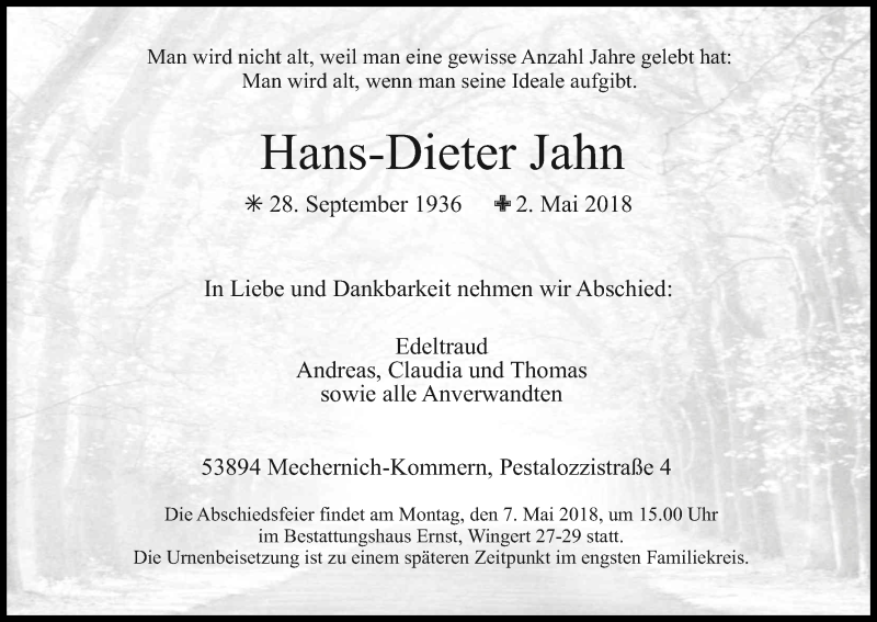  Traueranzeige für Hans-Dieter Jahn vom 07.05.2018 aus Kölner Stadt-Anzeiger / Kölnische Rundschau / Express