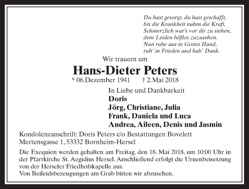  Traueranzeige für Hans-Dieter Peters vom 16.05.2018 aus  Schaufenster/Blickpunkt 