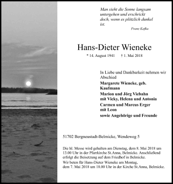 Anzeige von Hans-Dieter Wieneke von Kölner Stadt-Anzeiger / Kölnische Rundschau / Express