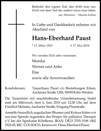 Anzeige von Hans-Eberhard Paust von Kölner Stadt-Anzeiger / Kölnische Rundschau / Express
