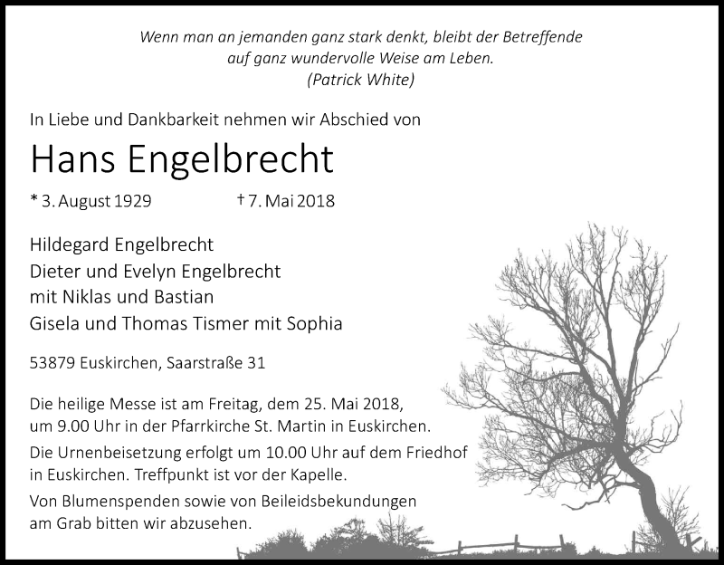  Traueranzeige für Hans Engelbrecht vom 19.05.2018 aus Kölner Stadt-Anzeiger / Kölnische Rundschau / Express