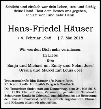 Anzeige von Hans-Friedel Häuser von Kölner Stadt-Anzeiger / Kölnische Rundschau / Express