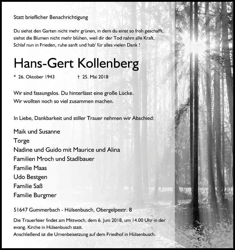  Traueranzeige für Hans-Gert Kollenberg vom 30.05.2018 aus Kölner Stadt-Anzeiger / Kölnische Rundschau / Express