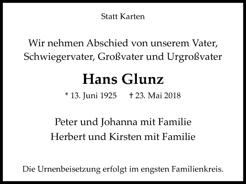  Traueranzeige für Hans Glunz vom 26.05.2018 aus Kölner Stadt-Anzeiger / Kölnische Rundschau / Express