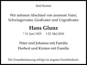 Anzeige von Hans Glunz von Kölner Stadt-Anzeiger / Kölnische Rundschau / Express