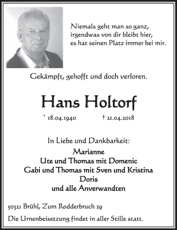 Anzeige von Hans Holtorf von  Schlossbote/Werbekurier 