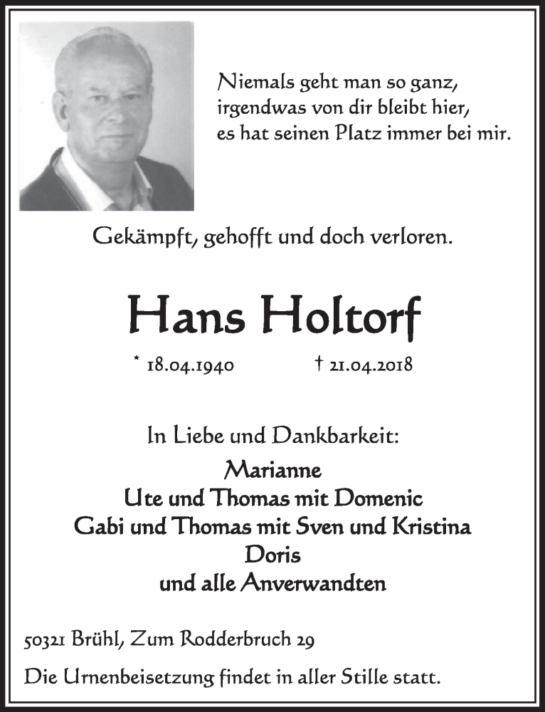  Traueranzeige für Hans Holtorf vom 02.05.2018 aus  Schlossbote/Werbekurier 