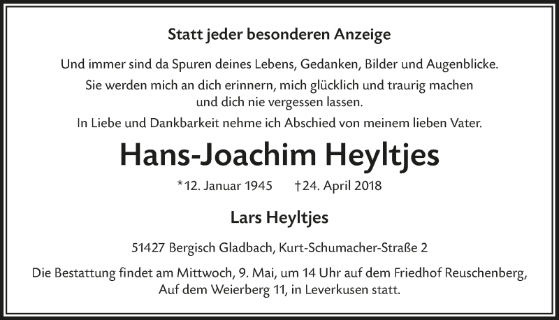  Traueranzeige für Hans-Joachim Heyltjes vom 05.05.2018 aus  Bergisches Sonntagsblatt 