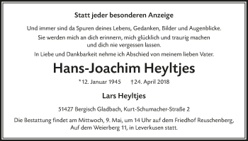 Anzeige von Hans-Joachim Heyltjes von  Bergisches Sonntagsblatt 