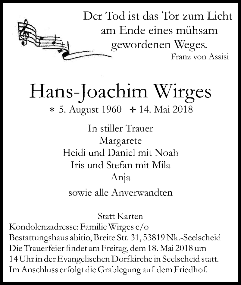  Traueranzeige für Hans-Joachim Wirges vom 16.05.2018 aus Kölner Stadt-Anzeiger / Kölnische Rundschau / Express