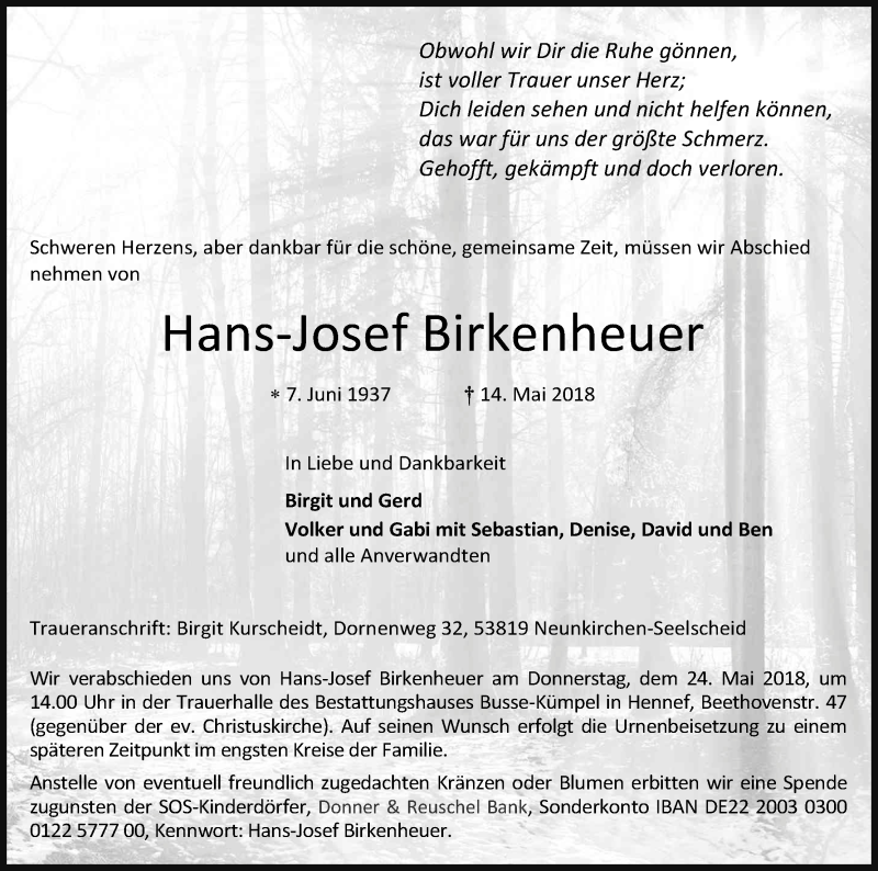  Traueranzeige für Hans-Josef Birkenheuer vom 19.05.2018 aus Kölner Stadt-Anzeiger / Kölnische Rundschau / Express
