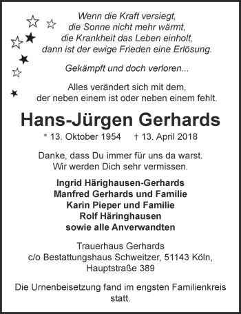 Anzeige von Hans-Jürgen Gerhards von  Kölner Wochenspiegel 
