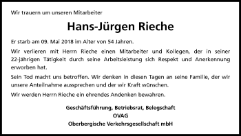 Anzeige von Hans-Jürgen Rieche von Kölner Stadt-Anzeiger / Kölnische Rundschau / Express
