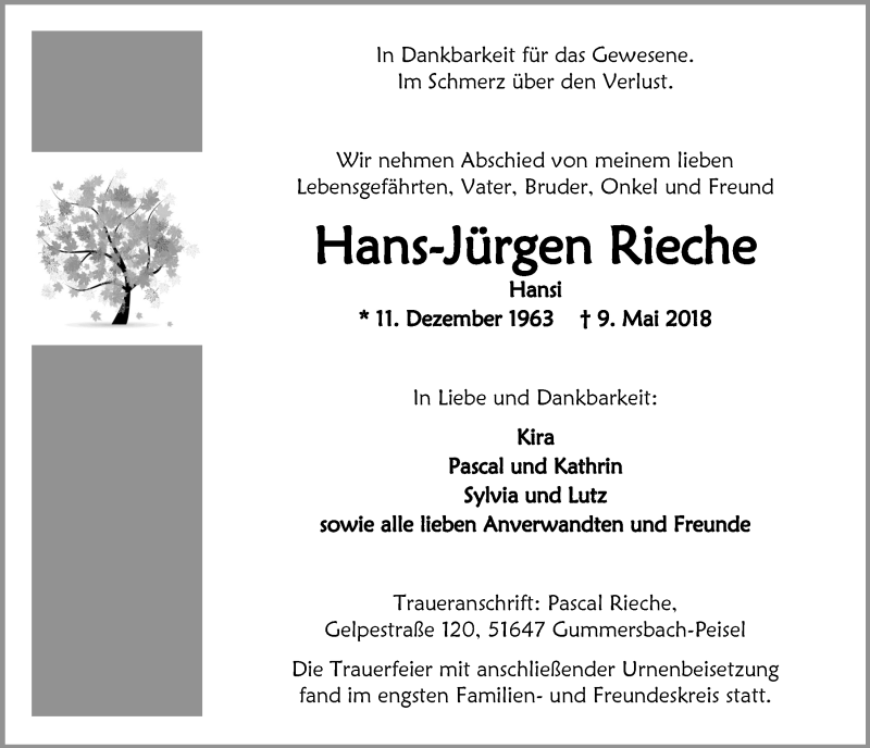  Traueranzeige für Hans-Jürgen Rieche vom 30.05.2018 aus  Anzeigen Echo 