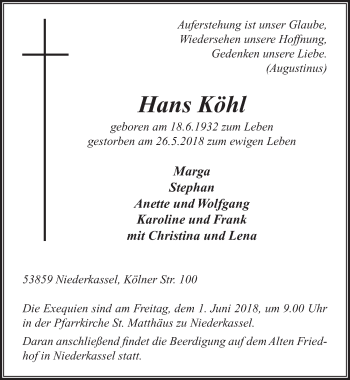 Anzeige von Hans Köhl von  Extra Blatt 