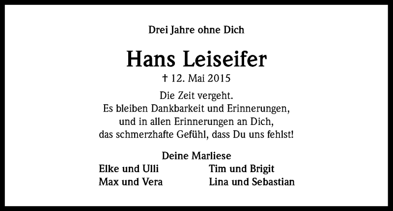  Traueranzeige für Hans Leiseifer vom 18.07.2023 aus Kölner Stadt-Anzeiger / Kölnische Rundschau / Express